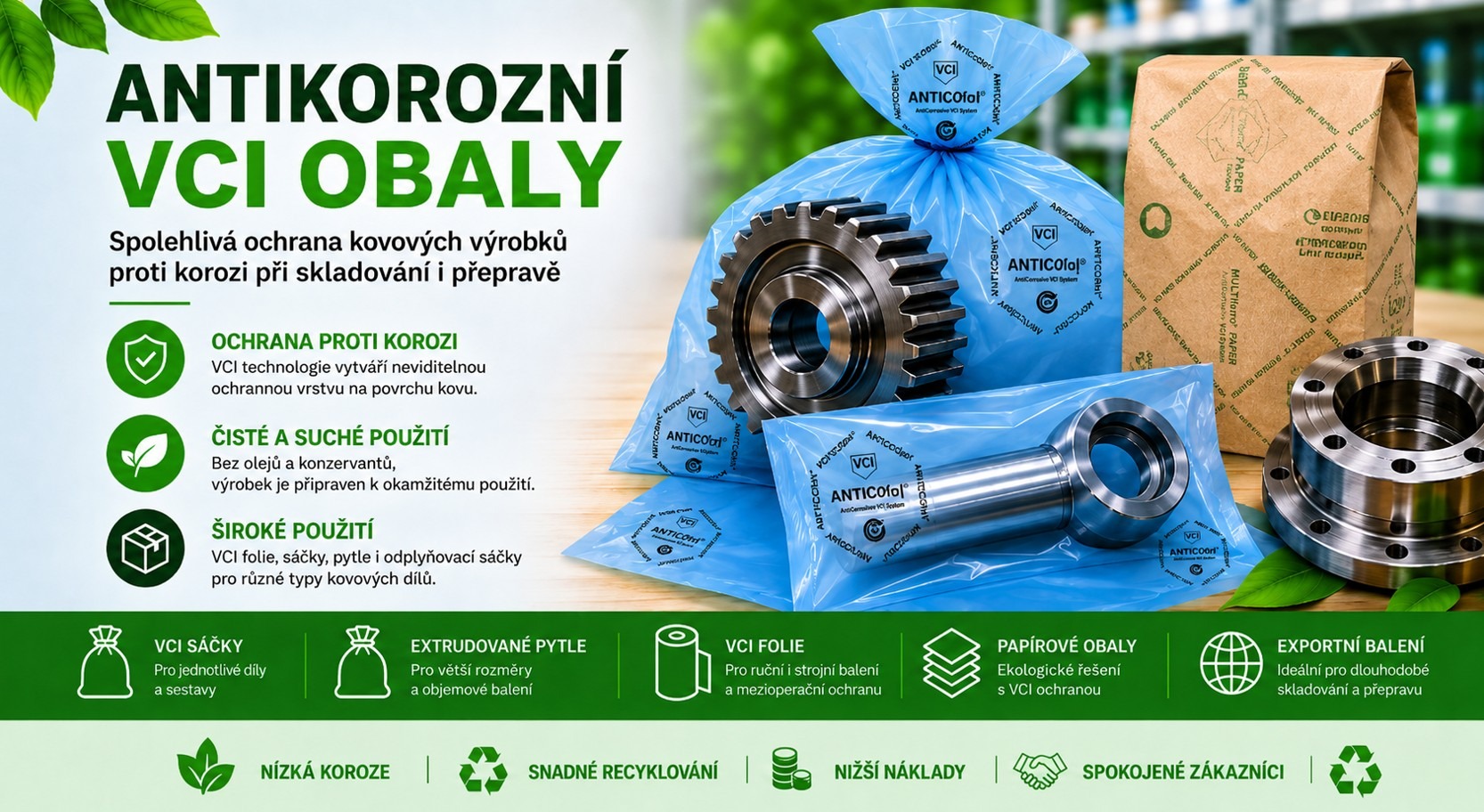 Antikorozní VCI obaly: fólie, pytle a sáčky proti korozi